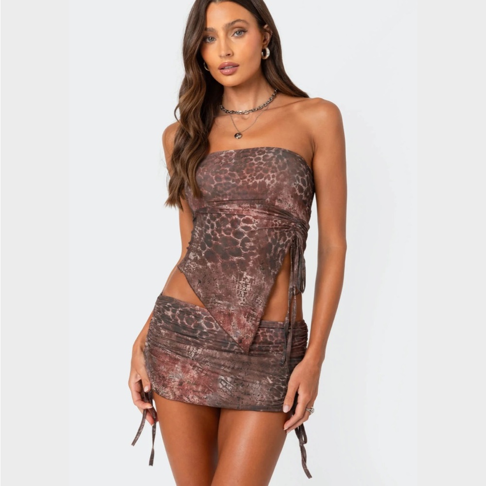 Edikted Leopard Printed Asymmetrical Mesh Tube Top